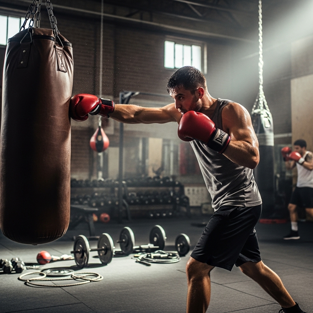 "Male boxer wearing red gloves punching a heavy bag in a boxing gym with workout equipment in Hyderabad at Viking The Fitness Club"