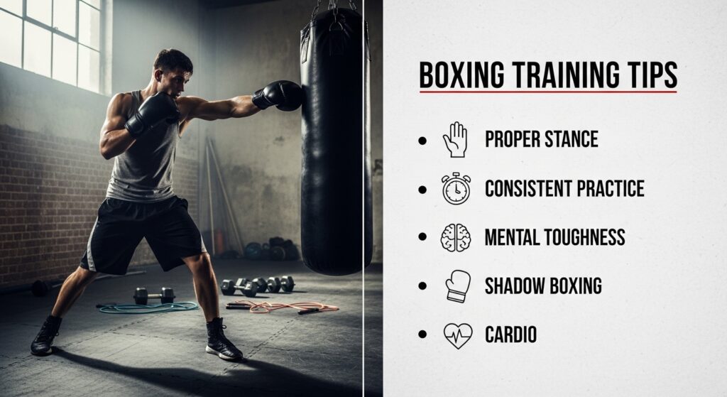 "Beginner boxer training with punching bag in a gym — boxing training tips including proper stance, consistent practice, mental toughness, shadow boxing, and cardio workout displayed alongside."