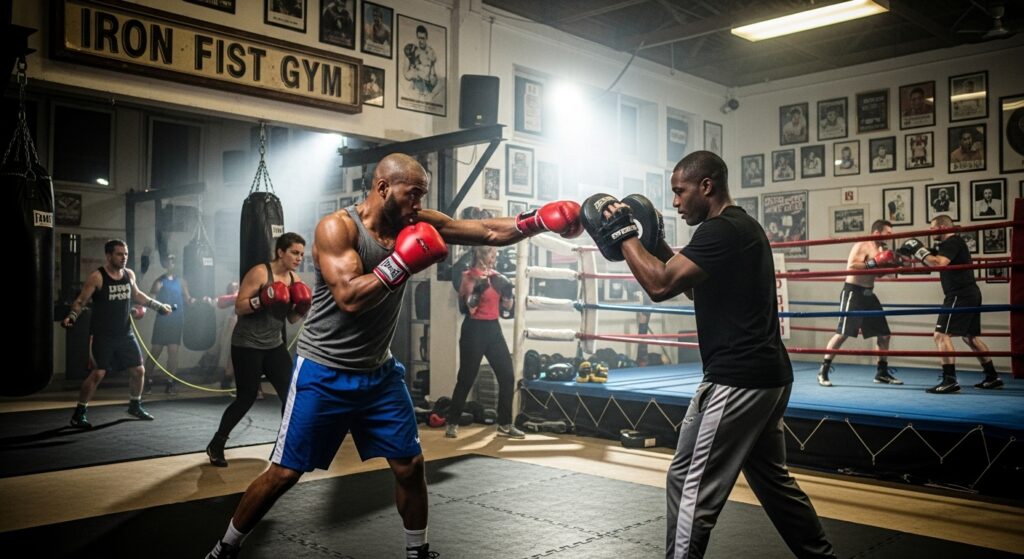 "Boxing training session at Viking The Fitness Club with focused one-on-one pad work and sparring drills in a dynamic gym environment."