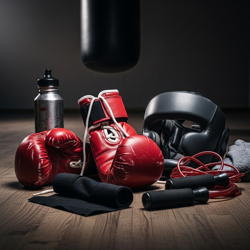 "Beginner boxing kit essentials used in Hyderabad fitness clubs — gloves, wraps, rope, and protective gear for new trainees."