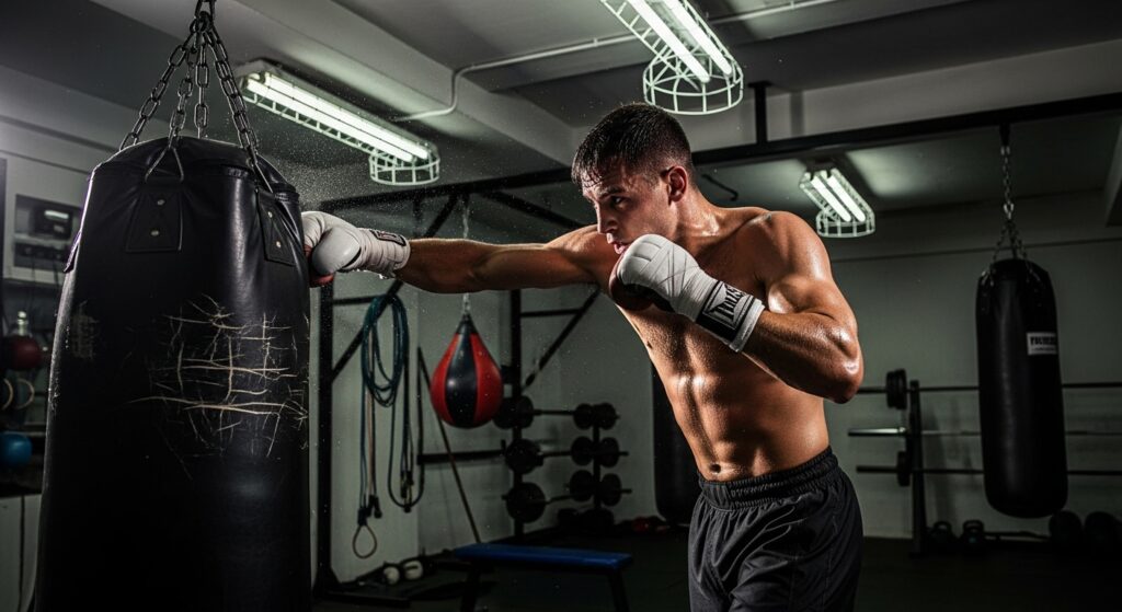 A muscular man wearing white boxing gloves trains with a heavy punching bag inside Viking Fitness Club gym, surrounded by gym equipment and brightly lit by overhead lights.